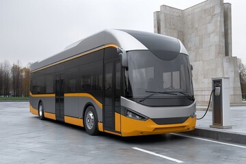 Electric city bus at charging station, clean energy icon