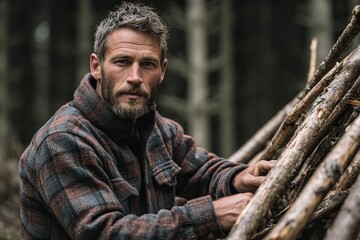 Bearded man in flannel shirt building natural shelter with logs and branches in dense forest, overcast lighting, earthy tones, cinematic naturalism, photorealistic