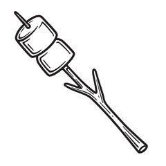 Black and white illustration of marshmallows on a stick ready for roasting on a campfire
