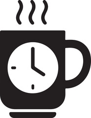 Silhouette vector of a coffee cup with clock, ideal for time management, cafe branding, and beverage designs.
