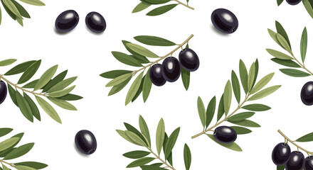 Seamless pattern of black olives with leaves on a white background, suitable for kitchen or food packaging