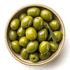 Bowl of whole green olives with leaf whole olives pitted olives