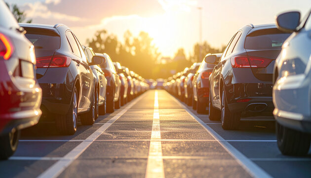 Symmetrical Rows of Parked Cars in a Sunlit Parking Lot Capturing Clean Lines, Bright Daylight, and Organized Urban Composition