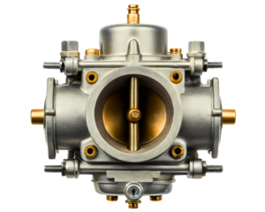 Vintage automobile carburetor with brass butterfly valve detail on a transparent background