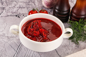 Homemade red soup Borsch with cabbage