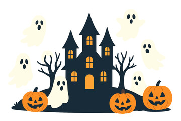 Festive holiday poster, flyer, or banner featuring a spooky Halloween night scene with ghosts, pumpkins, bats, a haunted house, cemetery, full moon, and stars in modern flat vector illustration