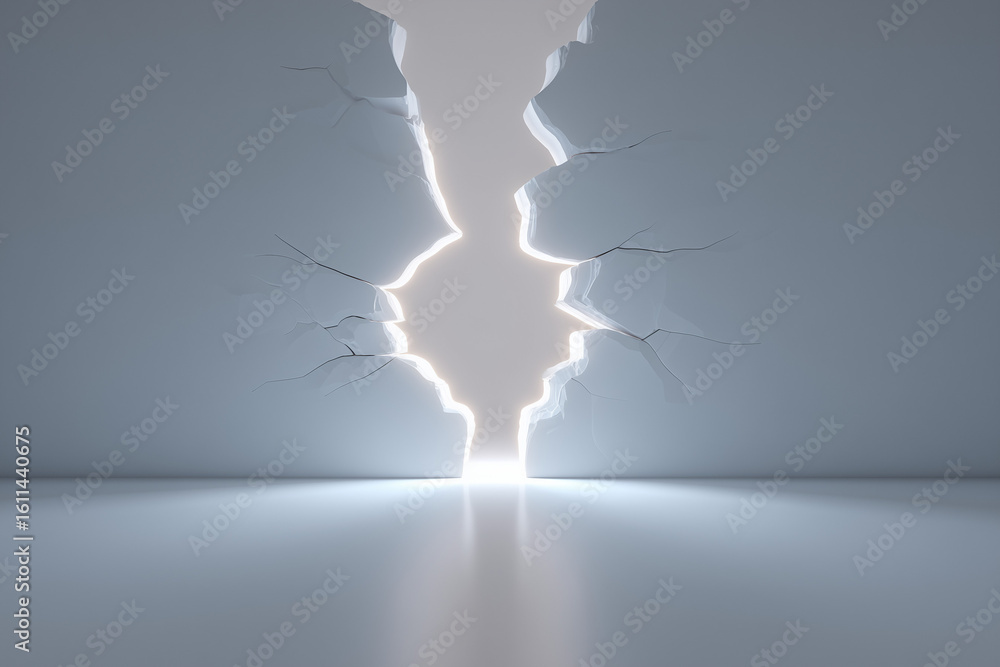 Poster 3d minimalist broken object with two halves slowly reconnecting in soft white light symbol of healin