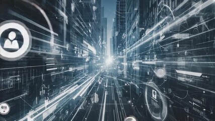 Futuristic city data stream with glowing network connections and communication - Powered by Adobe