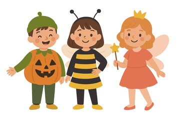 Collection of cartoon adorable dressed up children in traditional Halloween costumes, featuring a set of cute kids