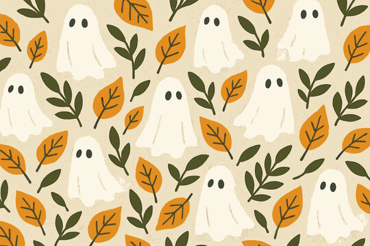 Vector illustration featuring cute ghosts, foliage, and a seamless Halloween pattern