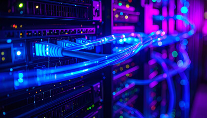 Fototapeta premium Neon-Glowing Blue and Purple Server Wires in a Dark Rack System Illuminated by Futuristic Lighting, Showcasing Modern Data Center Aesthetics and Connectivity