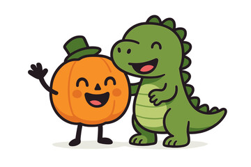 A cartoon dinosaur with a pumpkin for a head is depicted in both vibrant full color and stark black-and-white line art versions