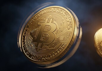 Golden Bitcoin cryptocurrency coin spinning rapidly symbolizing digital currency and future of finance with dark background and glowing highlights showing market volatility