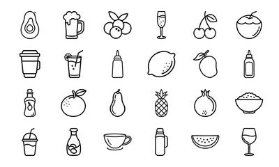 Fruit, Juice, and Beverage Line Icon Set – Outline Vector of Avocado, Citrus, Apple, Pineapple, Papaya, Drink Bottles, Wine, Coffee Cup, and Smoothies