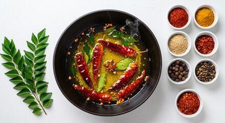 spice, dry chili, mustard seeds,curry patta leaves in hot oil for tempering known in india as chaunk, tadka, vaghar in casting iron big pan for Indian Gujarati stew curry, white background