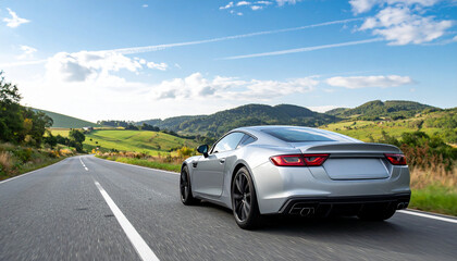 Modern Silver Sports Car Driving Along a Countryside Road with Rolling Hills in the Background, Blending Performance with Scenic Natural Beauty

