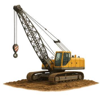 Isolate transparent crawler crane on dirt terrain base for heavy-lifting visuals &ndash; rugged crawler crane on dirt terrain base PNG die-cut for advertising