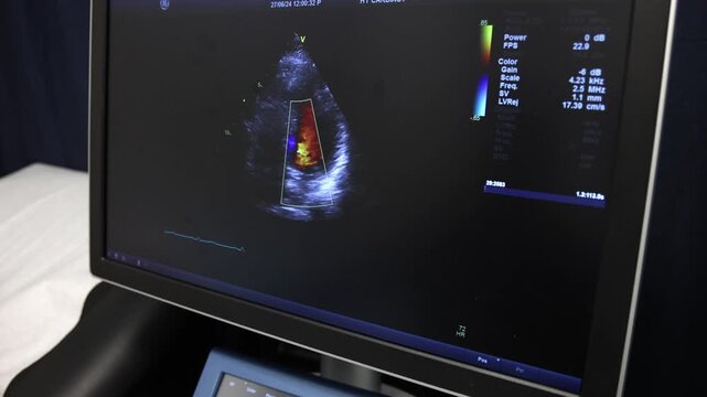 Medical monitor showin a live ultrasound image of the human heart during an echocardiogram exam