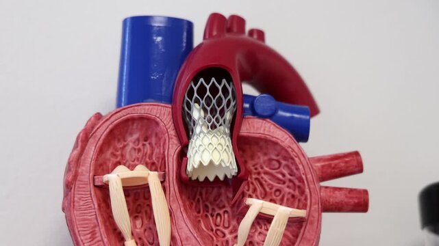 Cross-section heart model with mechanical valve implant showing internal structure of the organ