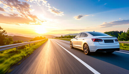 Obraz premium Luxury Sedan Driving at Sunset on a Long Empty Highway with Motion Blur and Warm Lighting, Capturing Speed, Freedom, and Refined Elegance