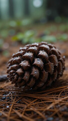  Morning dew clinging to the scales of a brown pinecone, resting among pine needles, with a subtle, misty background of the forest.
