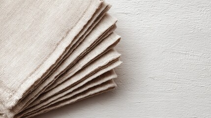 Folded natural linen cloths on a textured white surface