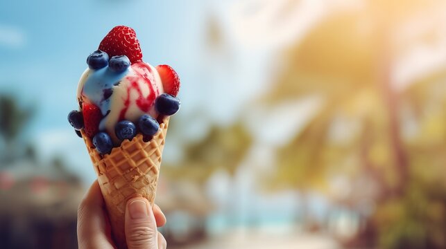 Hand Holding Berry Ice Cream Cone