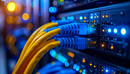 Low Angle Photo of Network Switch with Blue and Yellow Cables Against a Dark Server Background, Highlighting Structured Connectivity and Data Flow