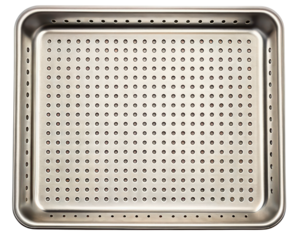 Perforated stainless steel tray for medical sterilization on a transparent background