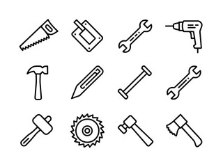 Naklejka premium Collection of hand tool silhouettes with a drill and saw blade isolated on white background