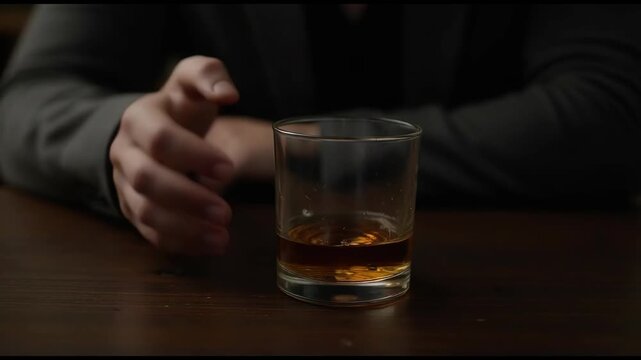 Man's hand covering a whiskey glass, refusing another alcoholic drink.

