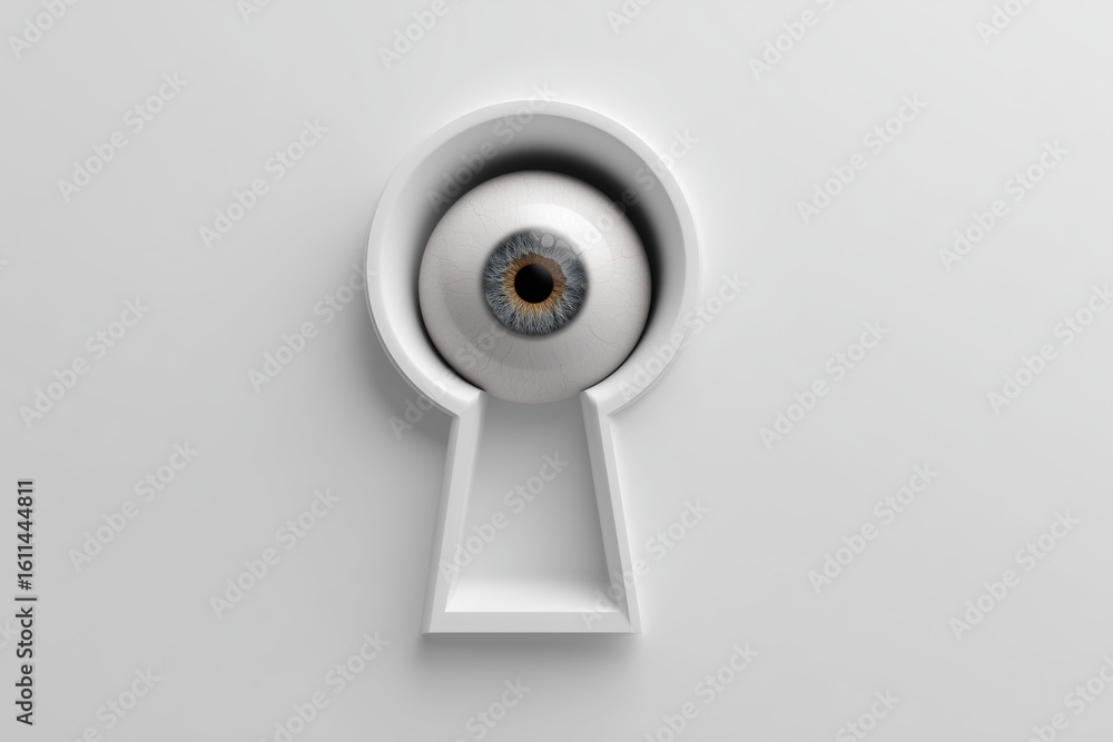 Poster 3d minimalist keyhole with a human eye softly floating inside it emotional symbol of unseen observat