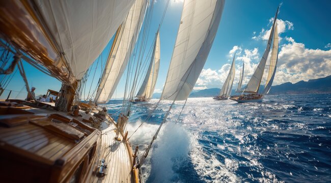 Sailing yacht team racing in the open sea, blue sky and white clouds, close-up of sailboat deck with crew on board. - Powered by Adobe