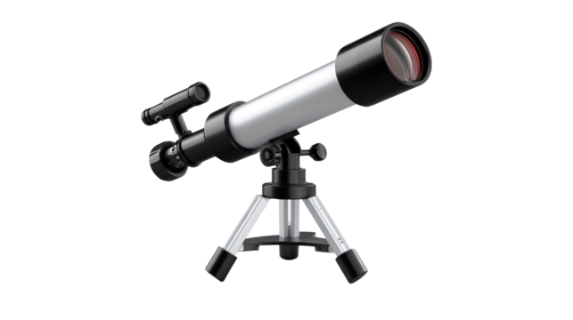 Observational Instrument: A high-angle shot presents a telescope, mounted on a tripod, as a symbol of discovery, science, and exploration, inviting curiosity and exploration.