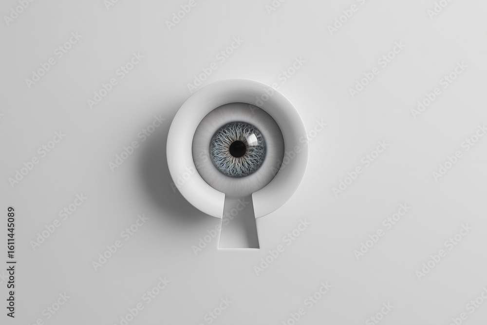 Poster 3d minimalist keyhole with a human eye softly floating inside it emotional symbol of unseen observat