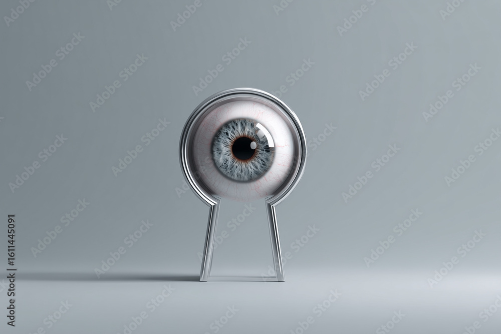 Poster 3d minimalist keyhole with a human eye softly floating inside it emotional symbol of unseen observat