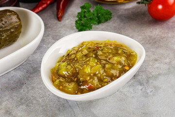 Souce gherkin relish with marinated cucumbers