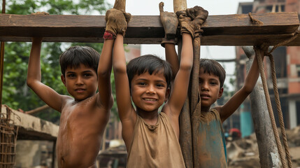 Obraz premium Child laborers working tirelessly in construction sites. Children lifting and carrying construction equipment.