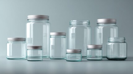Empty glass storage jars with metal lids on a blue background