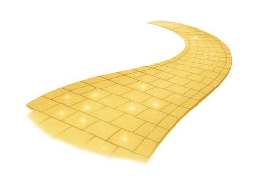 Glowing yellow brick road on transparent background, symbolizing magical journey toward personal goals with sparkling motivation and dreamlike potential