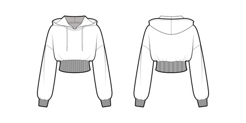 Cropped Pullover Hoodie Jacket  Women Long Sleeve Sweatshirt Hooded Workout Jacket- Front and Back View- CAD Mock-Up_ Fashion Illustration © JenelleIrish