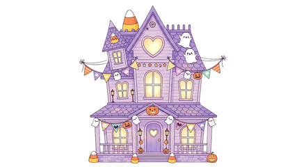 Naklejka premium Purple Haunted House Decorated for Halloween with Ghosts Pumpkins Banners and Candles