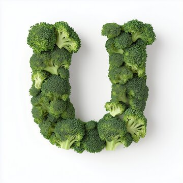 Alphabet U shape broccoli vegetable pattern, font letter isolated white