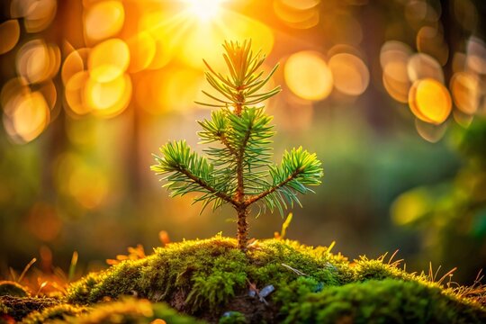 A vibrant young evergreen sapling sprouts from a mossy forest floor, bathed in warm golden sunlight with a beautiful bokeh background.
