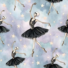 Ethereal Skeletal Ballerinas Dance Amongst Stars,Their Graceful Poses And Dark Attire Creating ASurreal And Captivating Scene.AWatercolor Masterpiece.