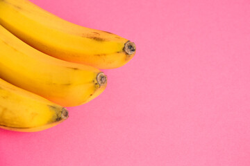 A branch of bananas with spoiled skin on a pink background