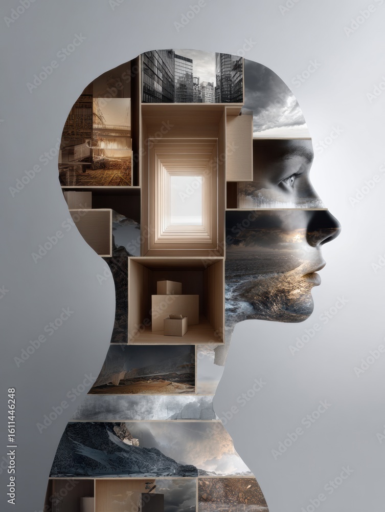 Aufkleber human head divided into compartments representing ideas and logic with an empty space at the top wai