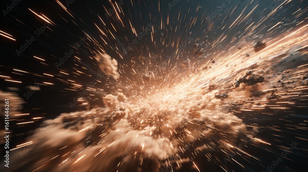 Poster abstract sci-fi explosion with light trails and dust effects in a cosmic setting