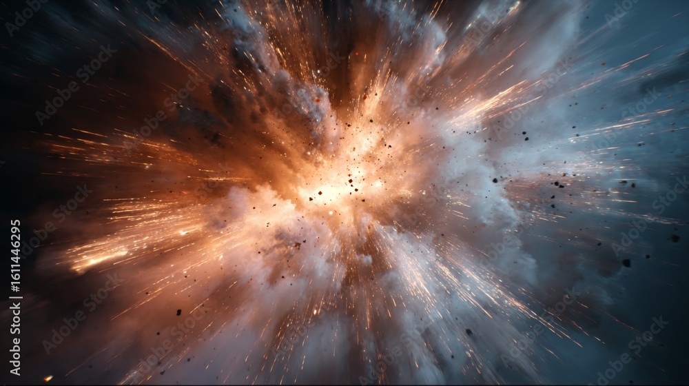 Poster captivating abstract sci-fi explosion with dramatic light trails and dust effects for enthralling vi