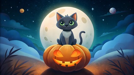 Fototapeta premium A charming black kitten sits atop a glowing jack-o-lantern under a full moon, creating a whimsical Halloween scene against a starry night sky.